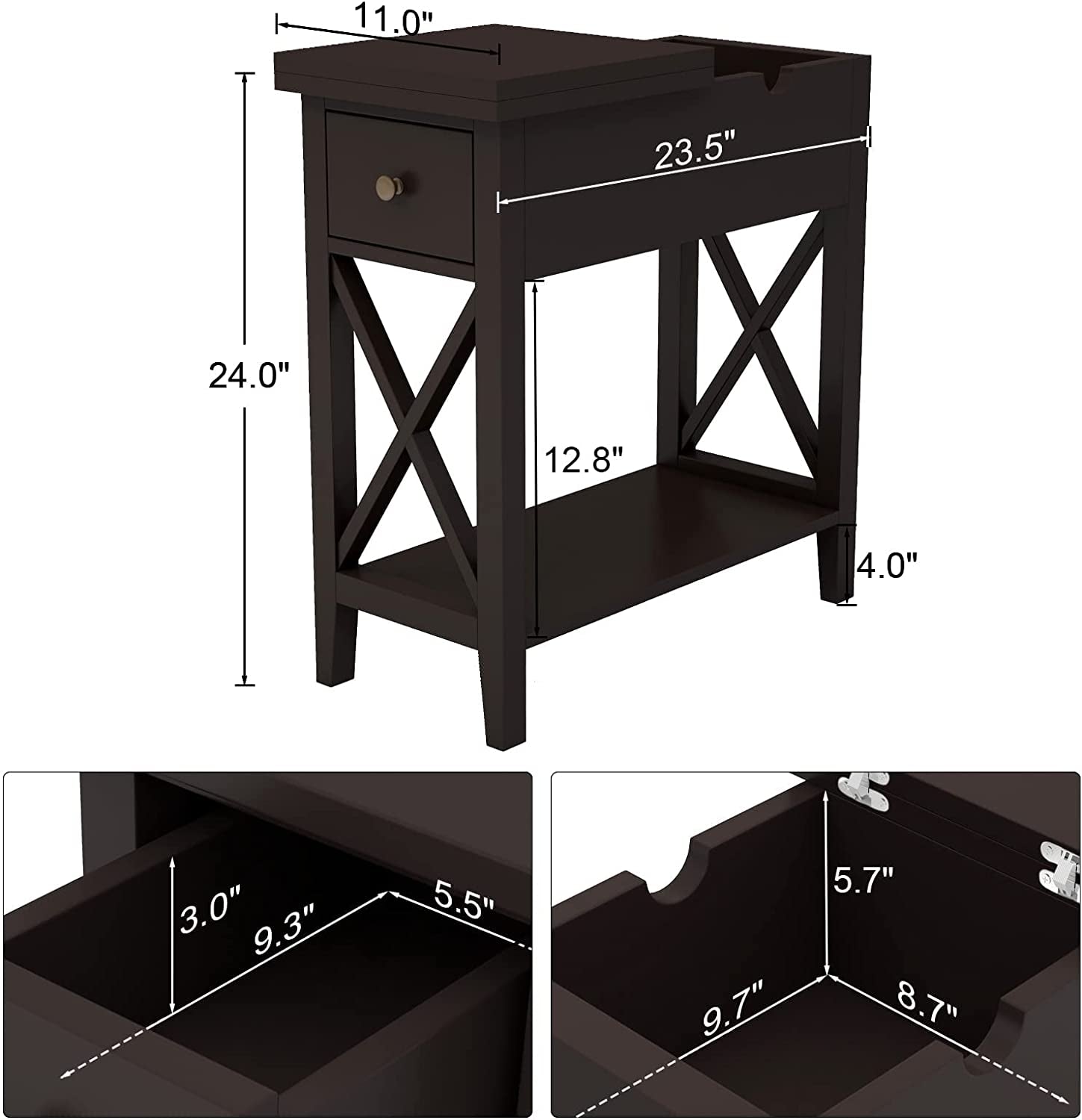 Flip Top End Table, Narrow Side Table Slim End Table with Drawer and Storage Shelf for Small Space, Living Room, Bedroom, Espresso