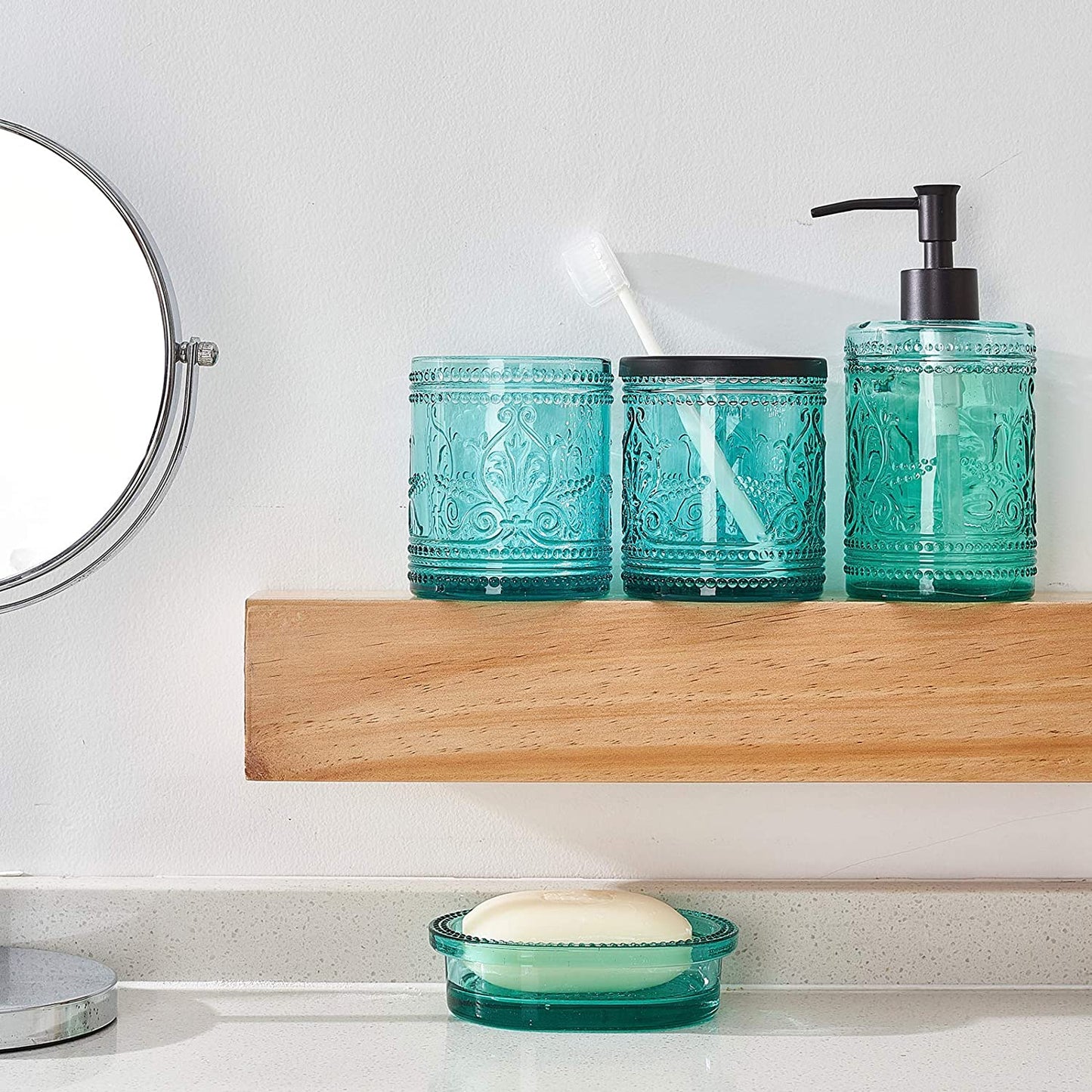 4Pcs Heavy Weight Decent Blue Glass Bathroom Accessories Set with Decorative Pressed Pattern - Includes Hand Soap Dispenser & Tumbler & Soap Dish & Toothbrush Holder (Teal Blue)