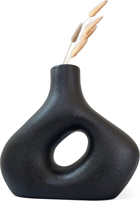 Circle Vase – Matte Black Vase, Geometric Donut Vase, Modern Vase for Minimalist Black Home Decor. 8” Black Ceramic Vase for Modern Table, Bookshelf, Coffee Table Decor, Black Vases Home Decor