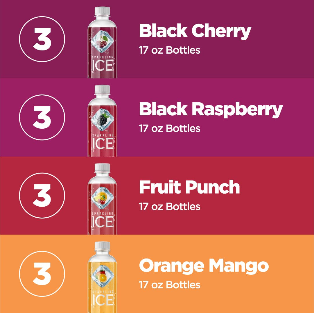 Sparkling Ice Green Variety Pack, Zero Sugar Sparkling Water, with Vitamins and Antioxidants, 17 Fl Oz, 12 Count (Black Raspberry, Orange Mango, Black Cherry, Fruit Punch)