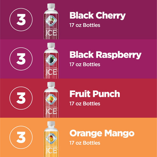 Sparkling Ice Green Variety Pack, Zero Sugar Sparkling Water, with Vitamins and Antioxidants, 17 Fl Oz, 12 Count (Black Raspberry, Orange Mango, Black Cherry, Fruit Punch)