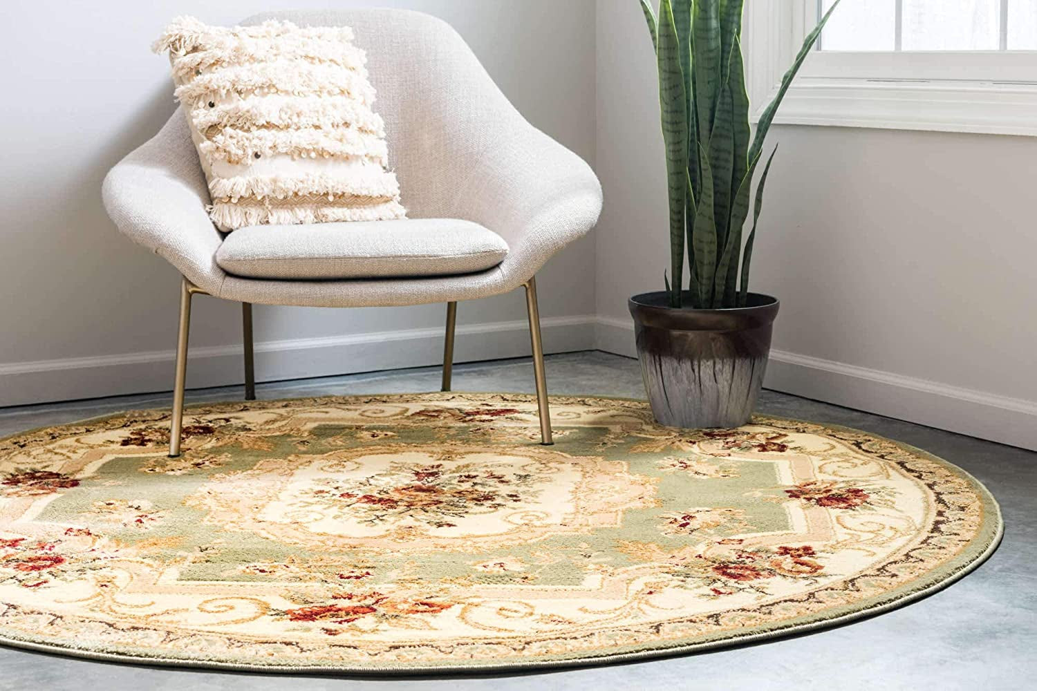 Versailles Collection Traditional Classic Green round Rug (6' X 6')
