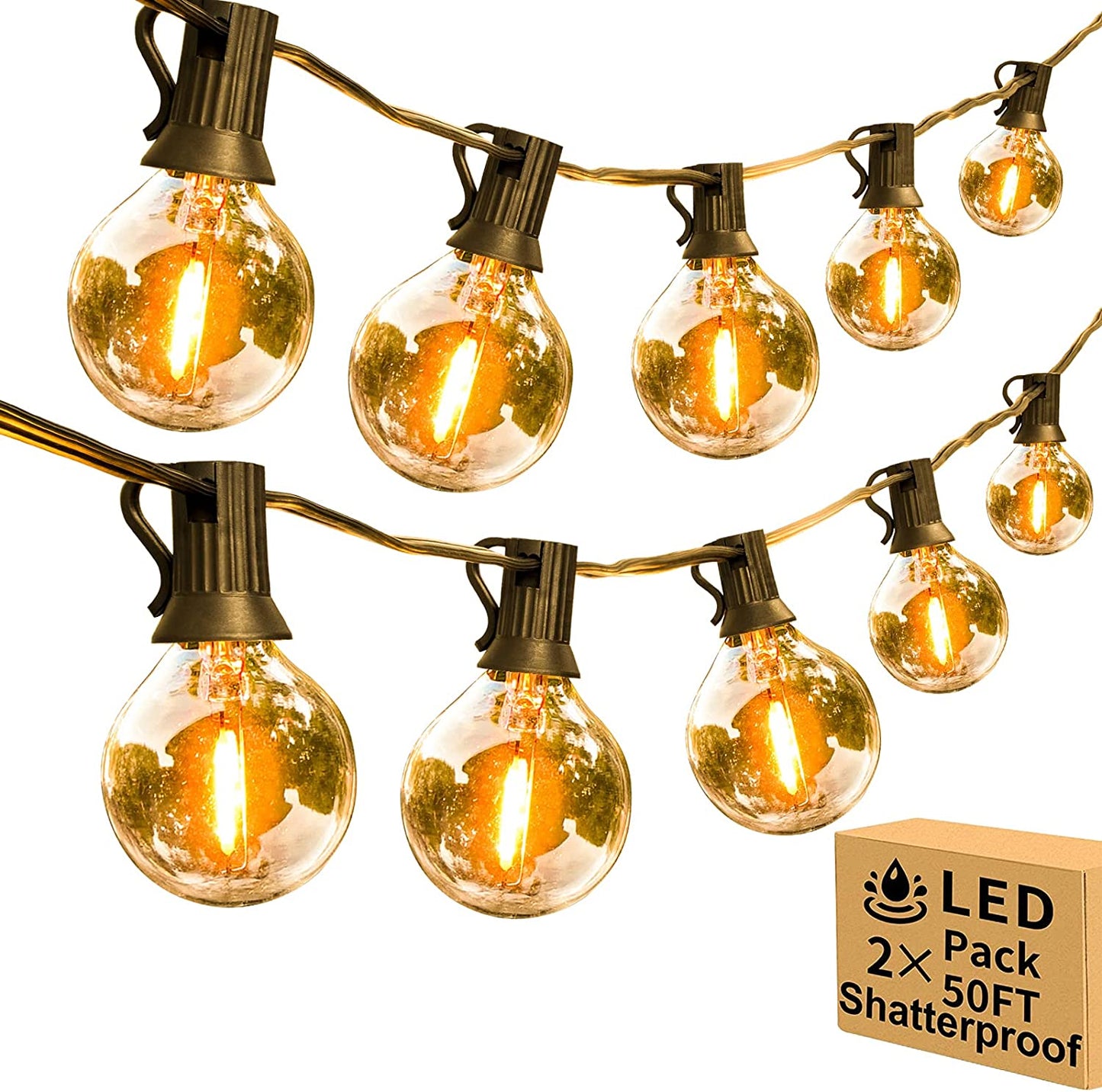 100Ft 2-Pack Outdoor String Lights,Dimmable G40 LED String Lights with 52 Shatterproof Clear Bulbs UL Approval Waterproof Globe 1W 2700K Outdoor Lighting for Backyard Porch Cafe Party Wedding Garden