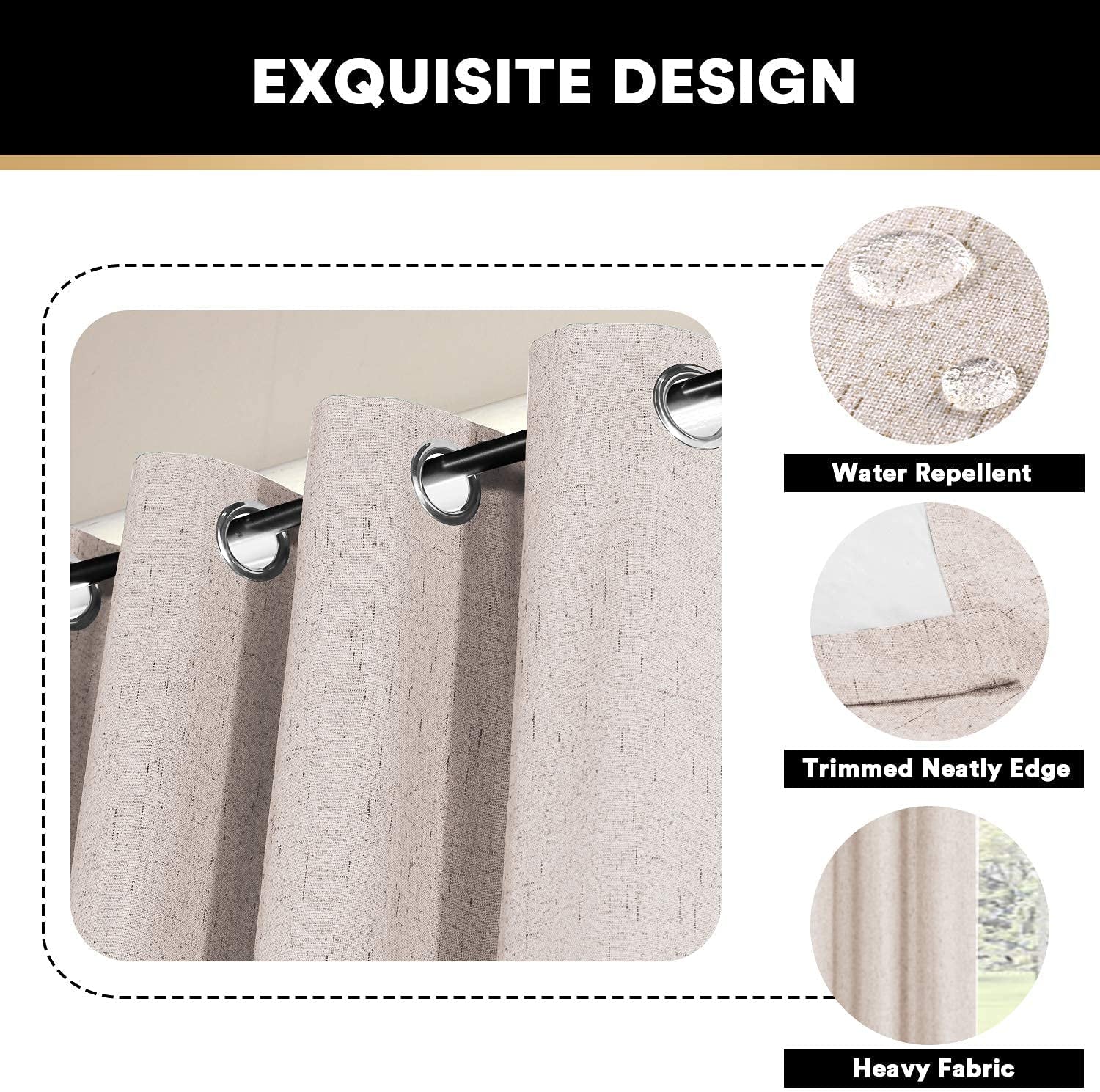 Primitive Textured Linen 100% Blackout Curtains for Bedroom/Living Room Energy Saving Window Treatment Curtain Drapes, Burlap Fabric with White Thermal Insulated Liner (2 Panels, 52 X 84 In, Natural)