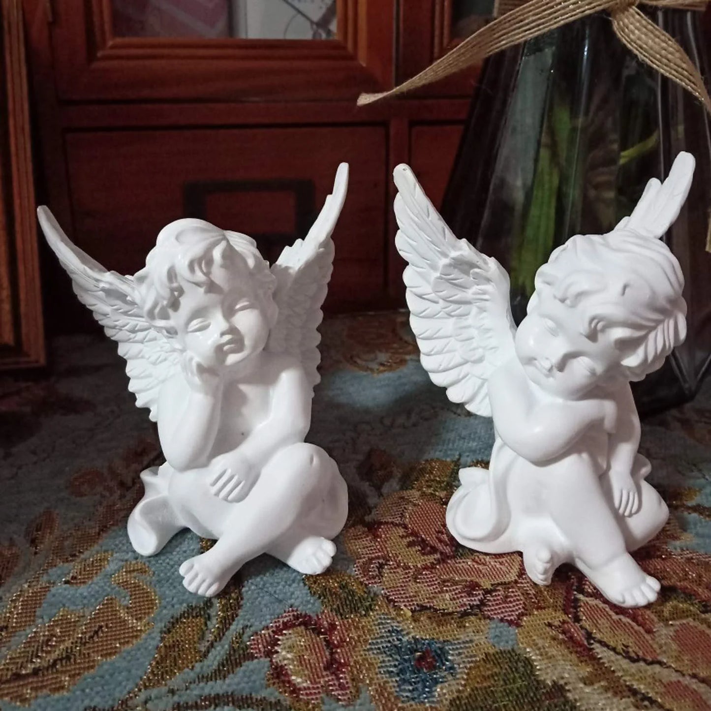 Set of 2 Cherubs Angels Resin Garden Statue Figurine, Indoor Outdoor Home Garden Decoration, Adorable Angel Sculpture Memorial Statue 4"