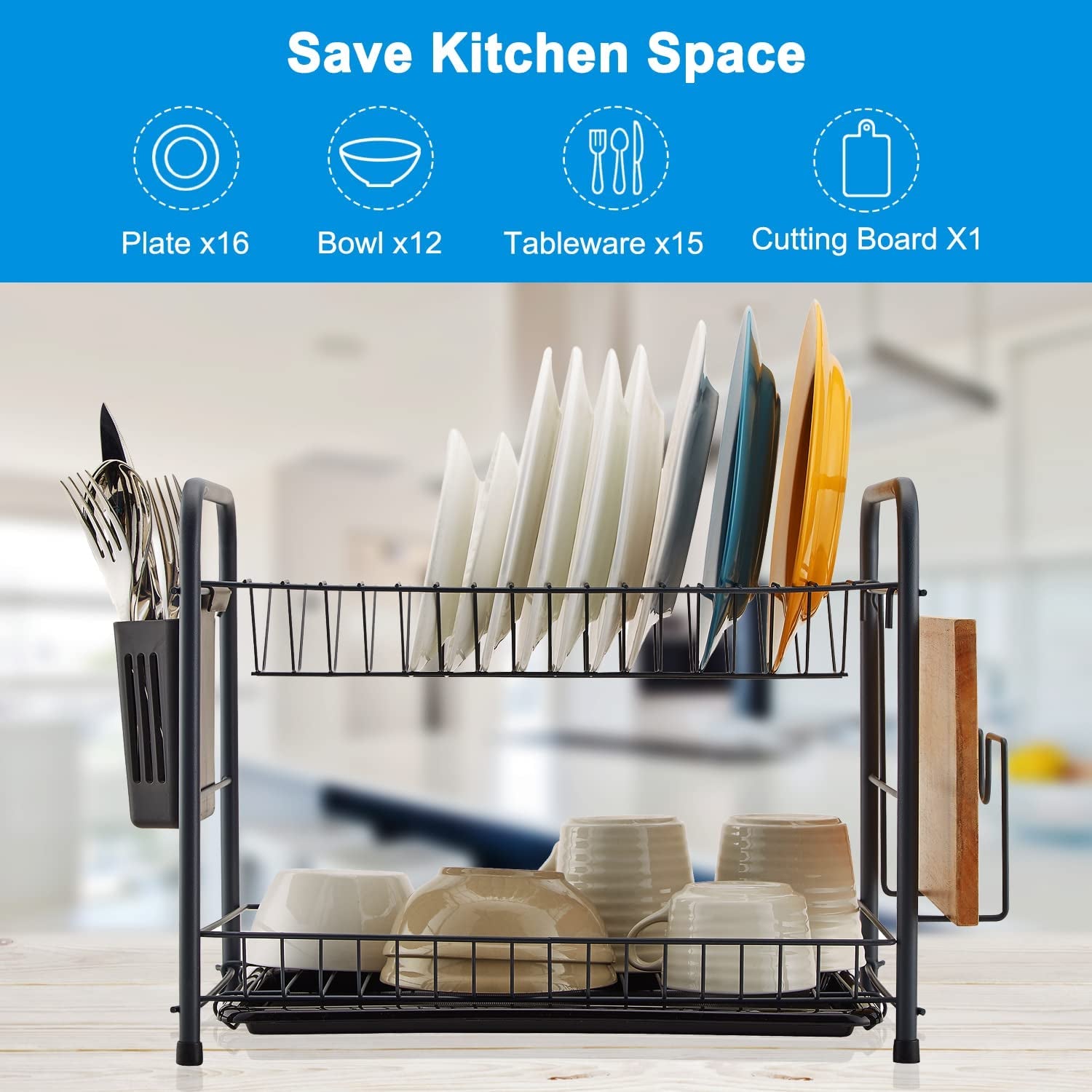 Dish Rack, 2 Tier Dish Drying Rack Kitchen Organizer with Drain Board, Utensil Holder, Cutting Board Holder, Gray
