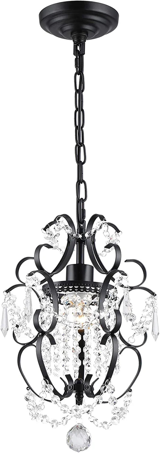 Mini Chandelier Black Crystal Chandelier 1 Light Elegant Chandelier Crystal Iron Ceiling Light Fixture for Bedroom,Farmhouse,Foyer