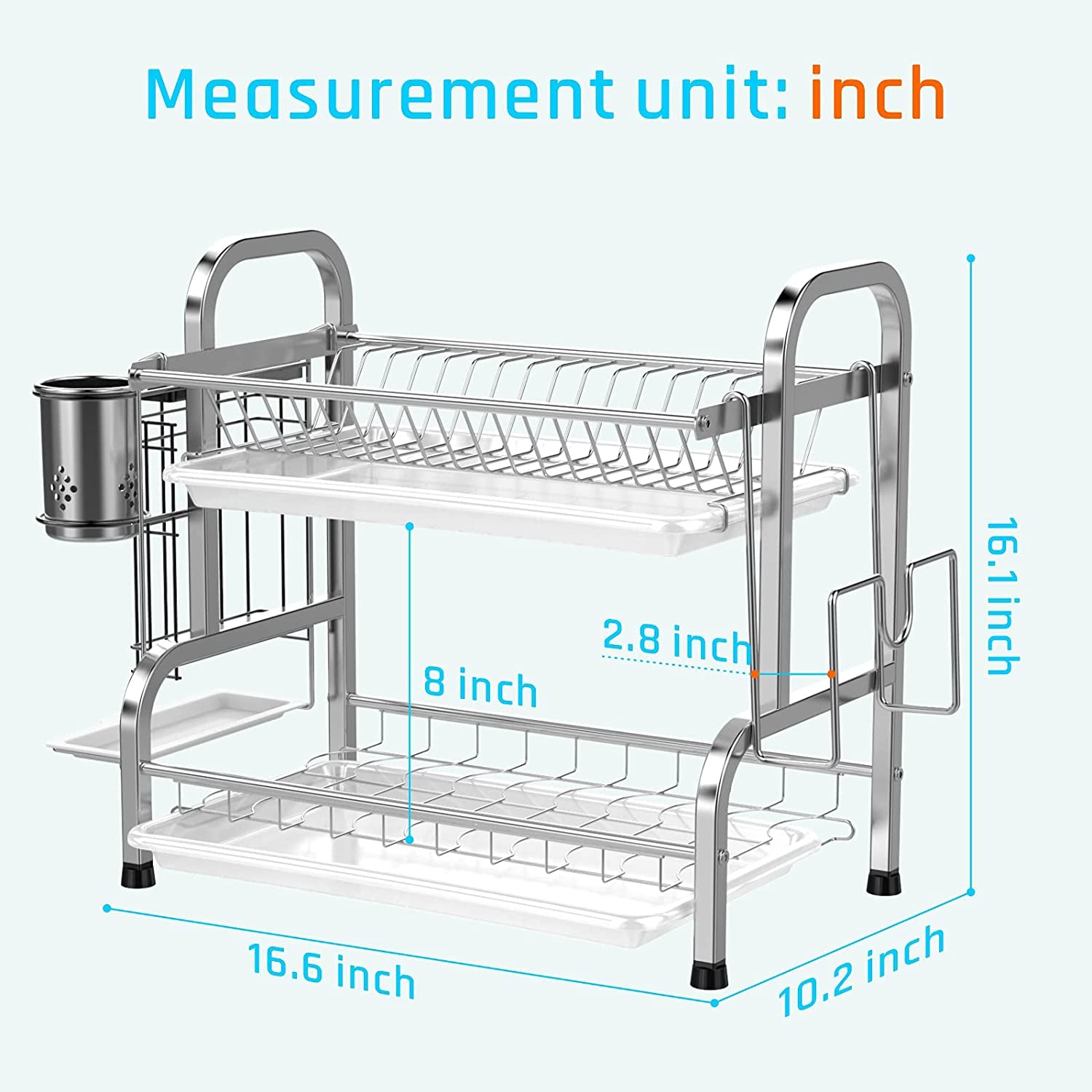 Dish Drying Rack, 304 Stainless Steel 2-Tier Dish Rack with Utensil Holder, Cutting Board Holder and Dish Drainer for Kitchen Counter
