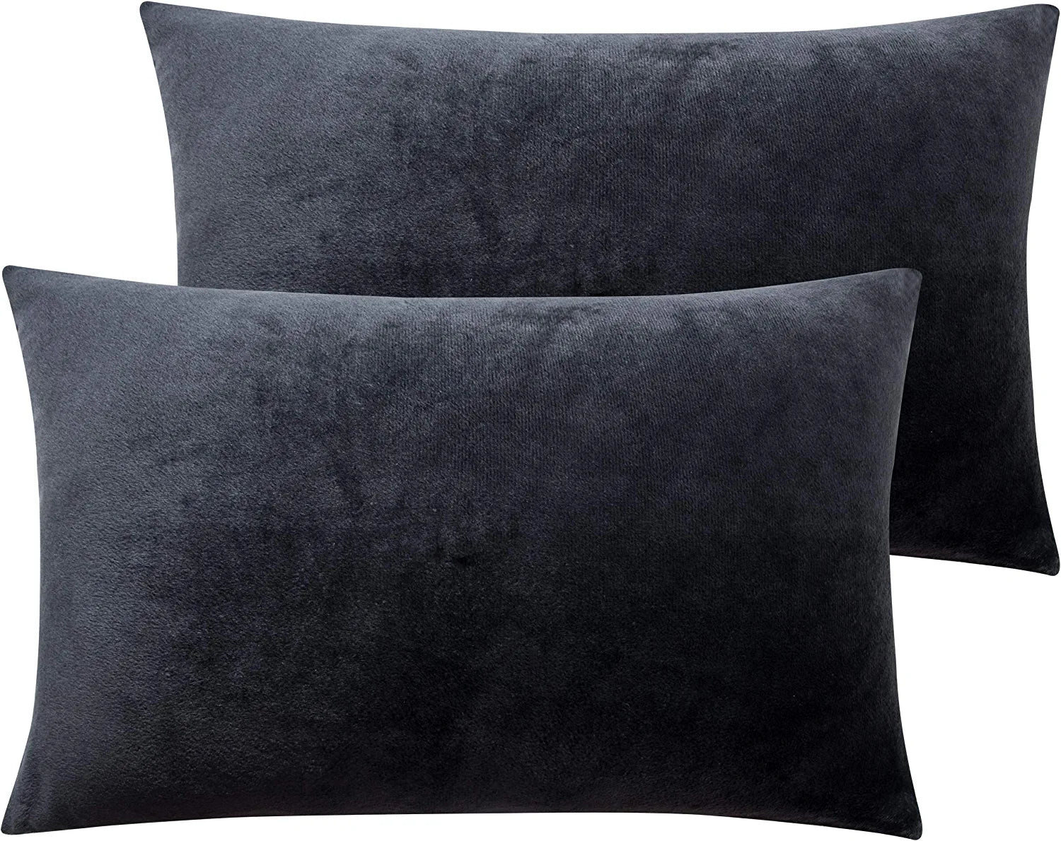 2 Pack Zippered Velvet Queen Pillowcases, Super Soft and Cozy Luxury Fuzzy Flannel Pillow Cases with Zipper, 20X30 Inches, Charcoal Grey