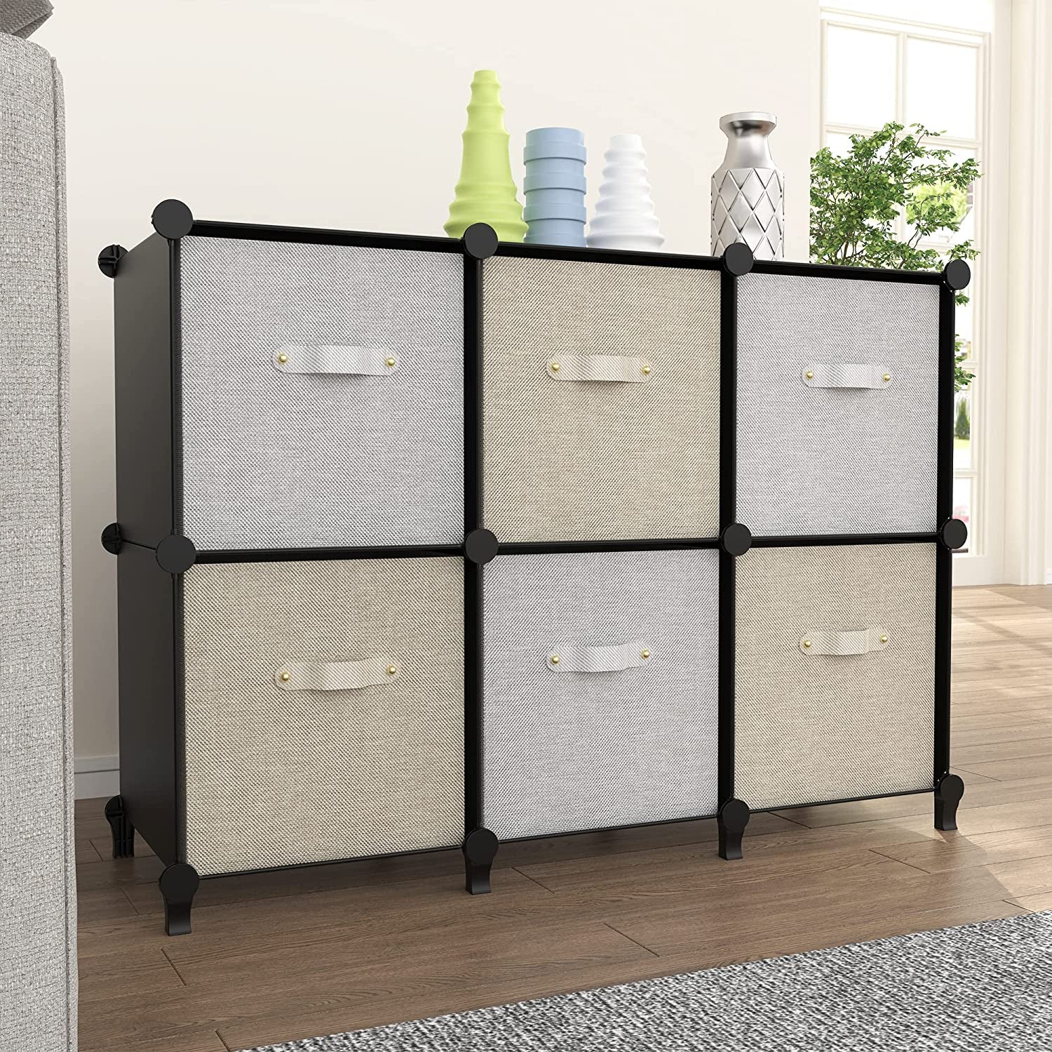 6-Cube Storage Organizer, Closet Organizer Storage Shelf Bookcase Bookshelf with Metal Hammer, Storage Cubes Organizer Cabinet for Kids, Closet, Bedroom, Bathroom, (11.8X11.8X11.8 Inch), Black