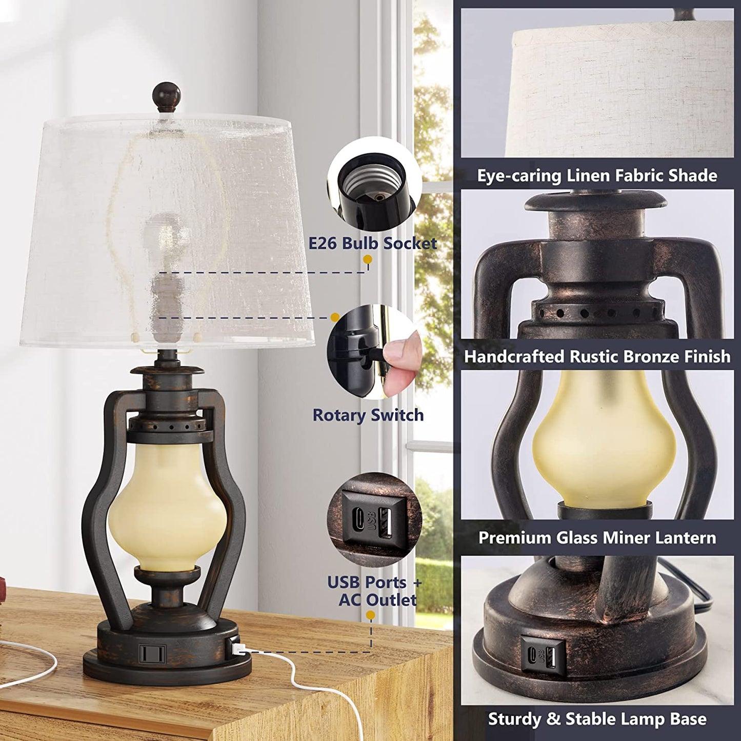 Farmhouse Table Lamps Set of 2 with Nightlight, Lantern Bedside Lamp with 2 USB Port and Outlet, 24 Inch Rustic Nightstand Lamp with Tapered Drum Shade for Living Room Bedroom, Bulbs Included