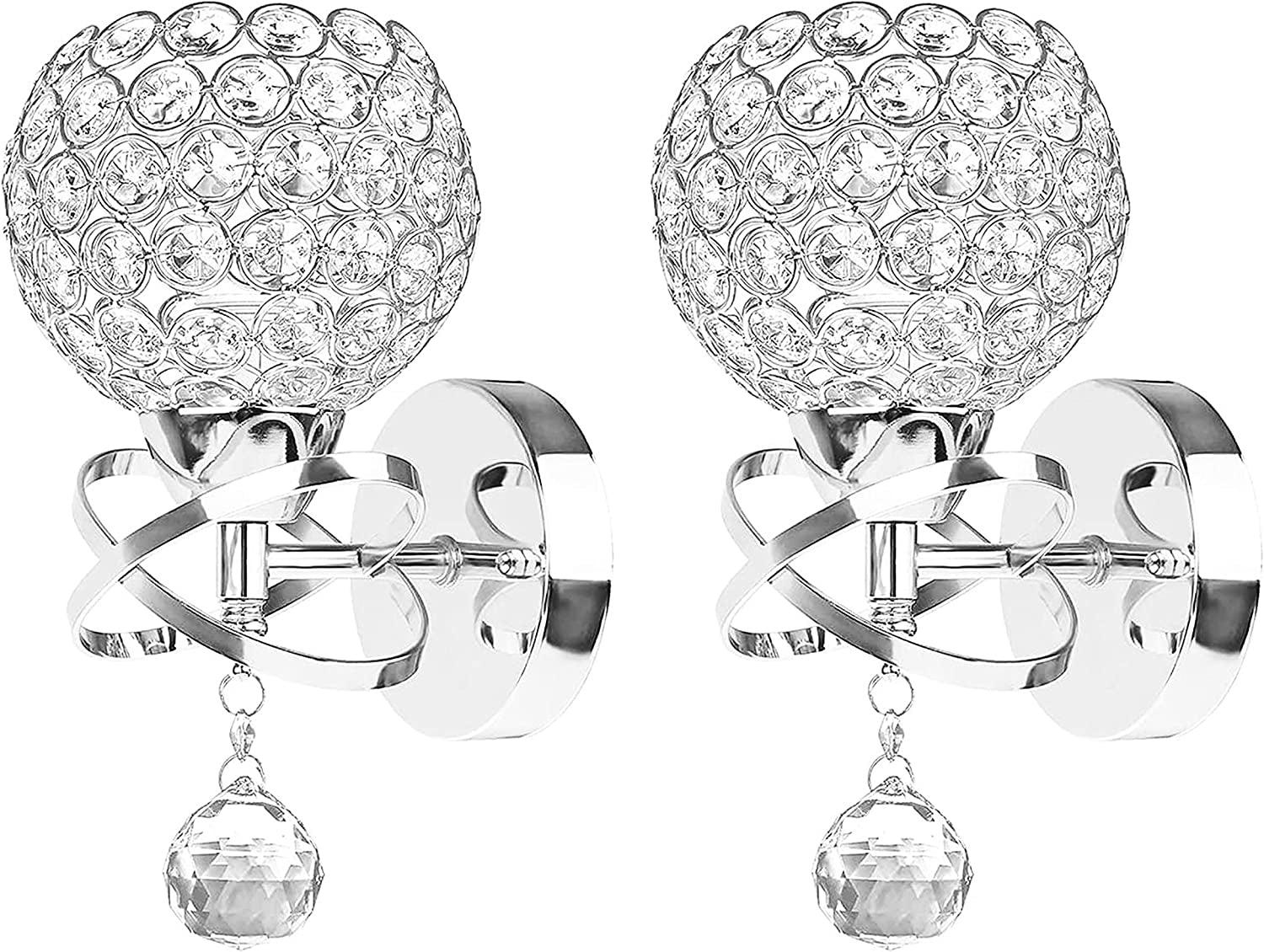 Crystal Wall Sconces Set of Two, Modern Wall Light Sconces Wall Lighting with Hanging Crystal Ball, Wall Mount Lamp Bedside Wall Lamp Silver Sconces Wall Decor for Bedroom Living Room Hallway