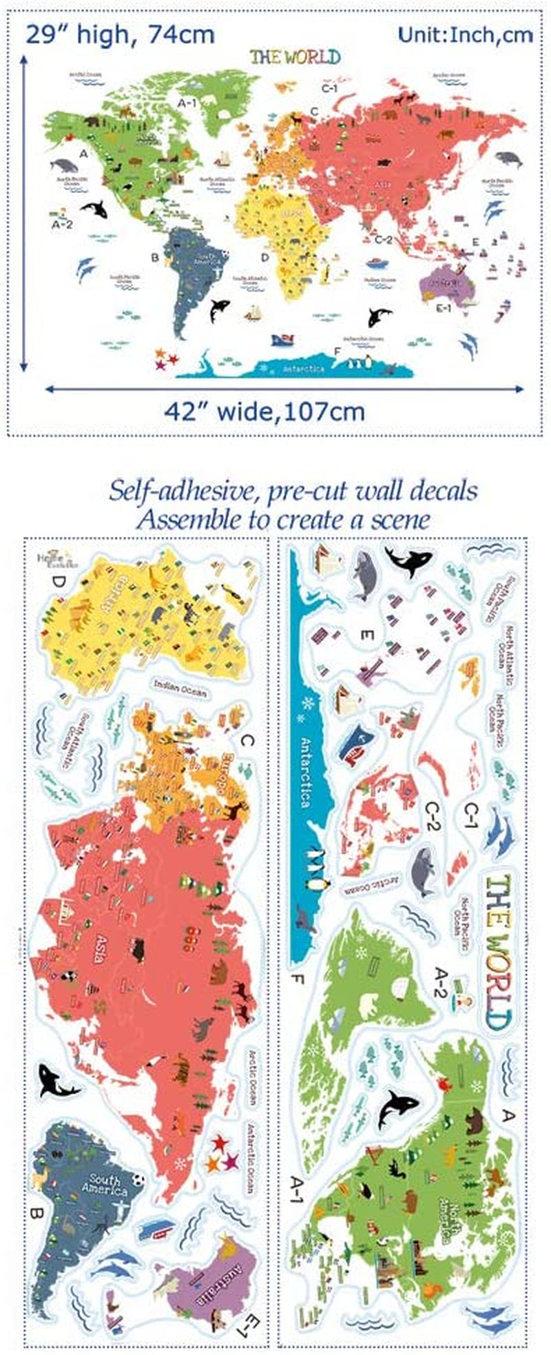 Kids Educational Removable World Map Peel and Stick Large Wall Decals Stickers for Children Nursery Bedroom Living Room…