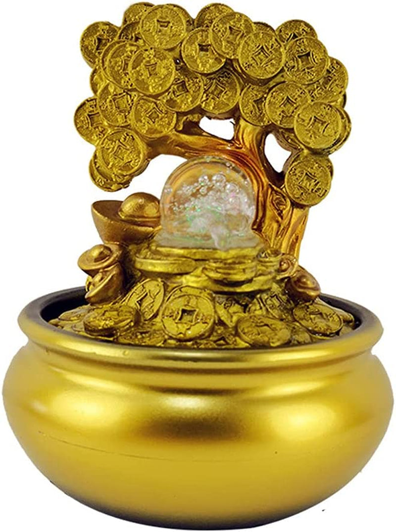 Gold Tree Desktop Fountain Waterfall Decoration with LED Light Portable Tabletop Decorative Zen Meditation Waterfall for Office Living Room Craft Gift