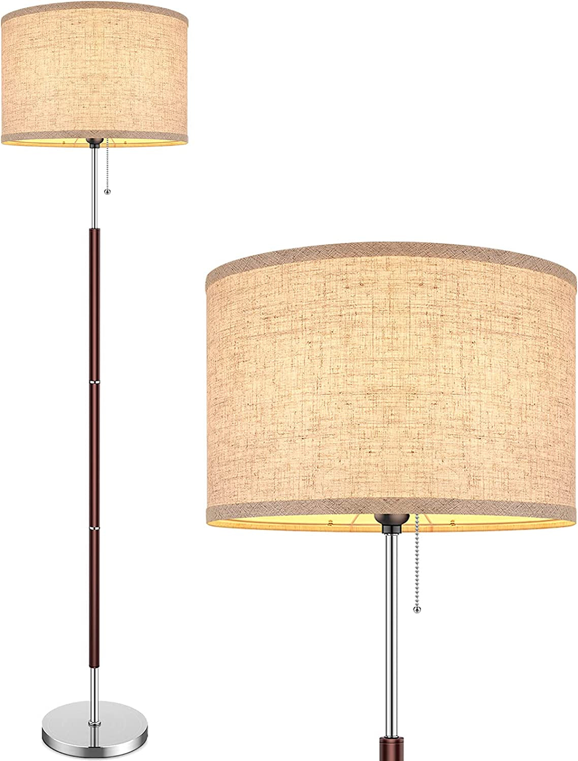 Modern Floor Lamp for Bedroom - Stand up Reading Lamps for Living Room, Contemporary Office Lighting with Beige Drum Fabric Shade, Farmhouse Pole Lamp, Corner Tall Standing Lamp Kids-Pull Chain