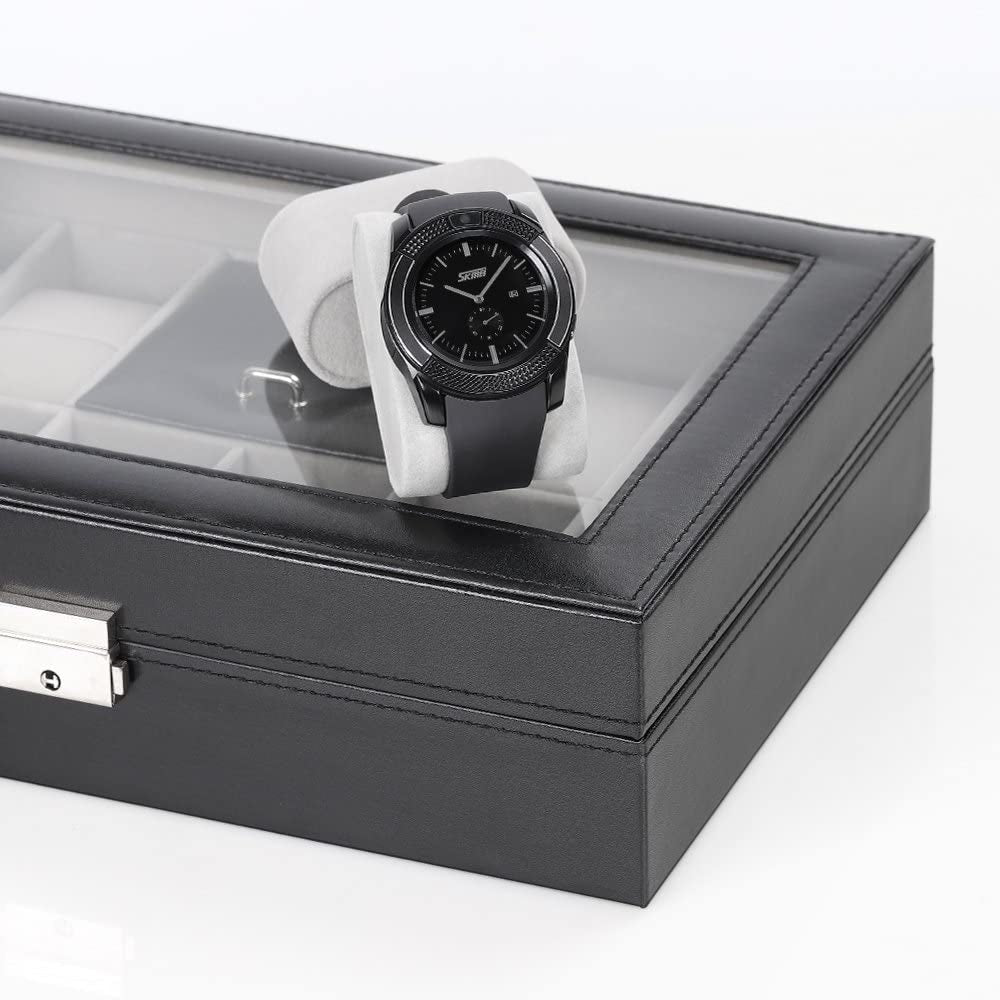 Watch Box, 8 Slots Lockable Leather Watch Case Organizer with Ring Storage for Women Men, Black