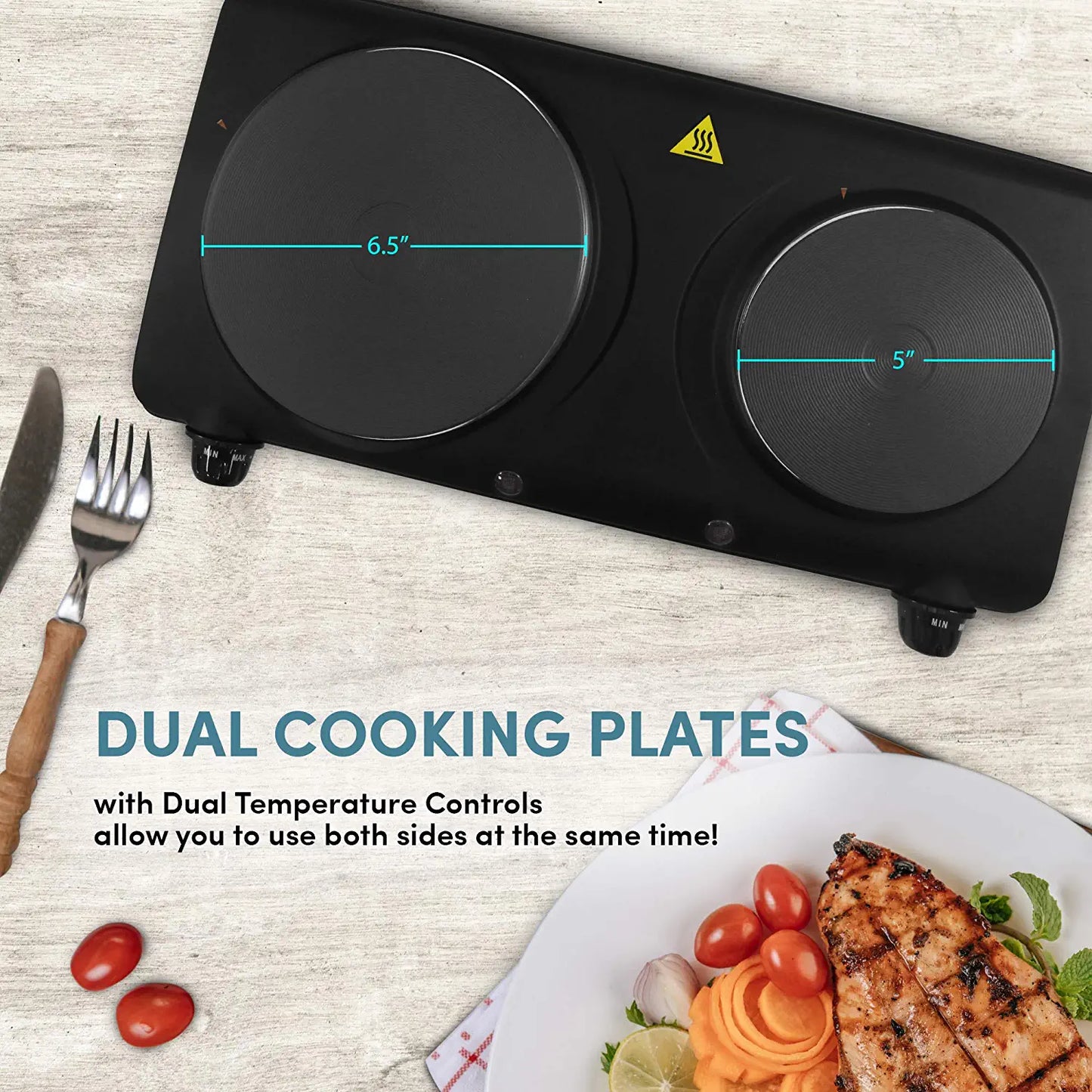 EDB-302BF Countertop Double Cast Iron Burner, 1500 Watts Electric Hot Plate, Temperature Controls, Power Indicator Lights, Easy to Clean, Black