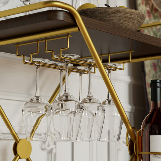Bar Cart with Wine Rack, 2 Tier Kitchen Cart on Wheels Industrial Coffee Cart, Liquor Cart with Glass Holders for Kitchen Living Room, Brown/Brass