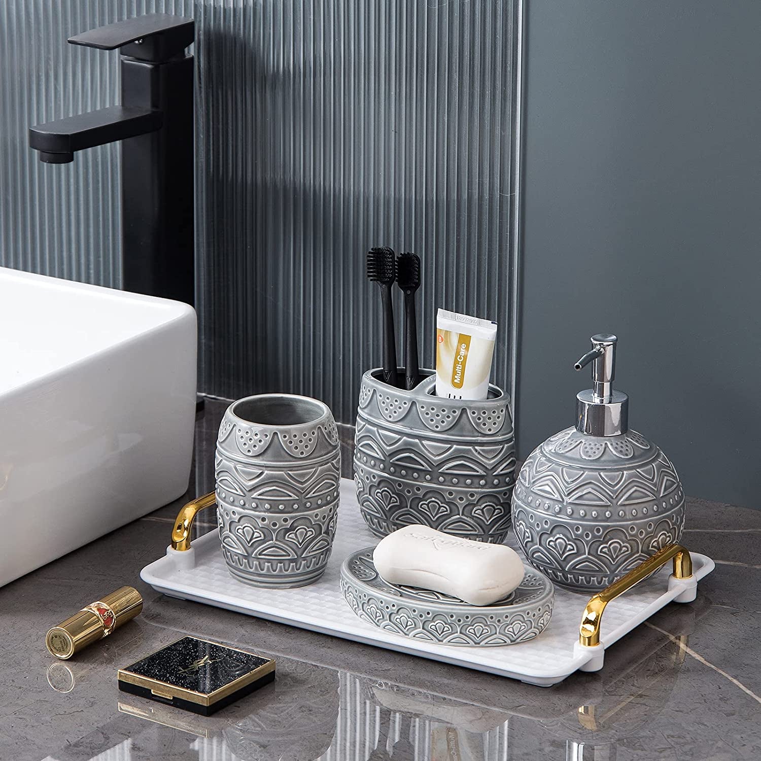 Bathroom Accessory Set, Bath Accessories Set 4-Piece Ceramic Embossed Bath Countertop Set with Soap Dish, Soap & Lotion Dispenser, Cup, Divided Toothbrush Holder ,Grey