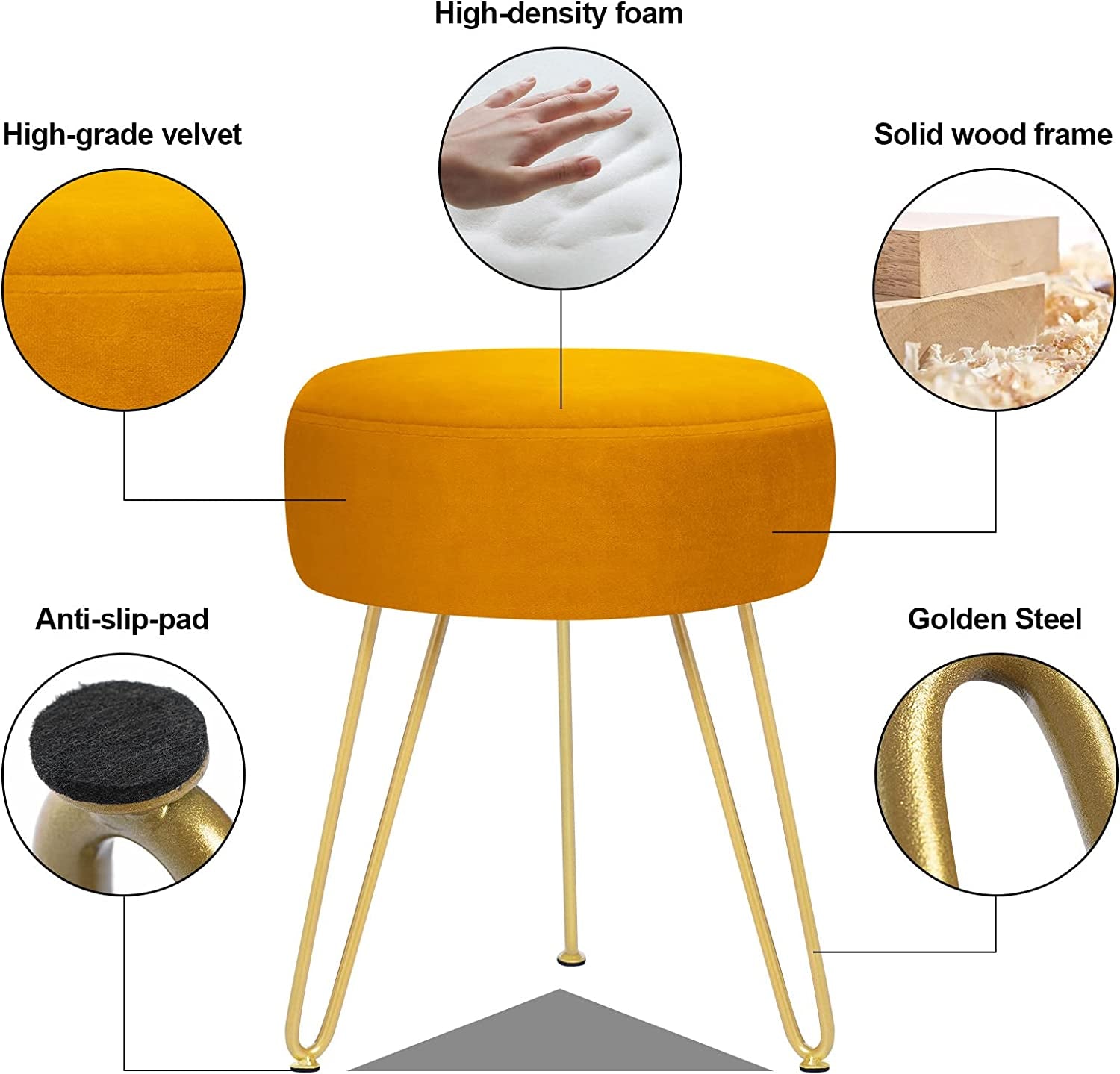 Multifunctional Vanity Stools - Velvet round Ottoman Modern Dressing Stool -Upholstered Footrest Stool - Side Table Footstool with Golden Metal Leg for Living Room, Bedroom(Pumpkin Orange)