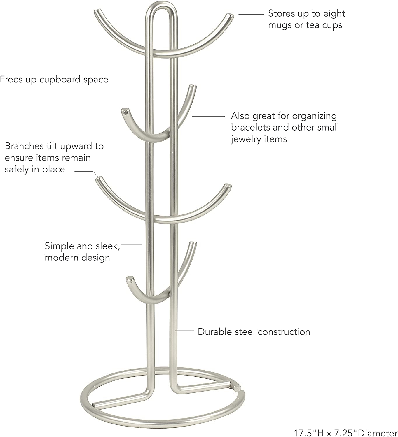Euro Large 8 Holder, Mug Tree, Mugs & Tea Cup Storage Rack, Coffee Counter Bar Accessory & Kitchen Countertop Organizer, Satin Nickel