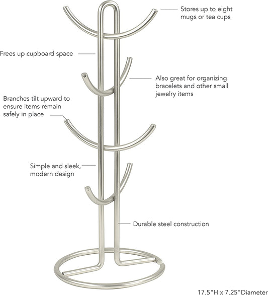 Euro Large 8 Holder, Mug Tree, Mugs & Tea Cup Storage Rack, Coffee Counter Bar Accessory & Kitchen Countertop Organizer, Satin Nickel