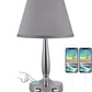 Touch Table Lamp with USB Ports - 3-Way Dimmable Small Nightstand Lamp for Bedroom & Living Room, Bedside Lamp W/ Grey Trapezoidal Shade (Assembled) & Silver/Chrome Metal Base - LED Bulb Included