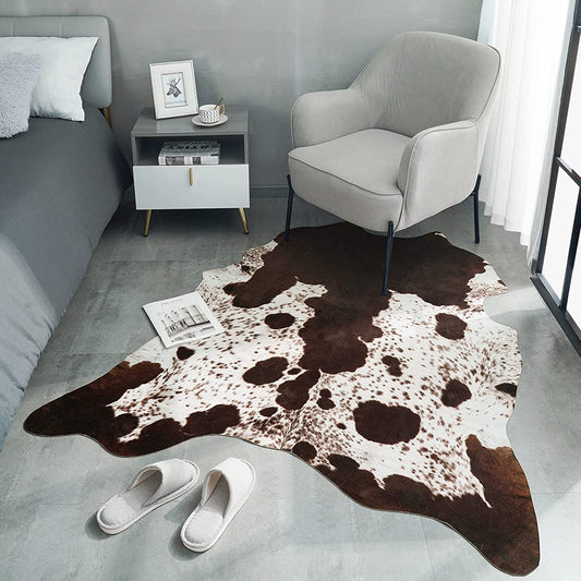 Cowhide Rug Faux Cow Print Area Rug for Bedroom, Faux Fur Animal Rug Cow Rugs for Living Room Non-Slip Cow Hide Carpet for Western Room Decor, White and Brown, 2.3Ft X 3.6Ft