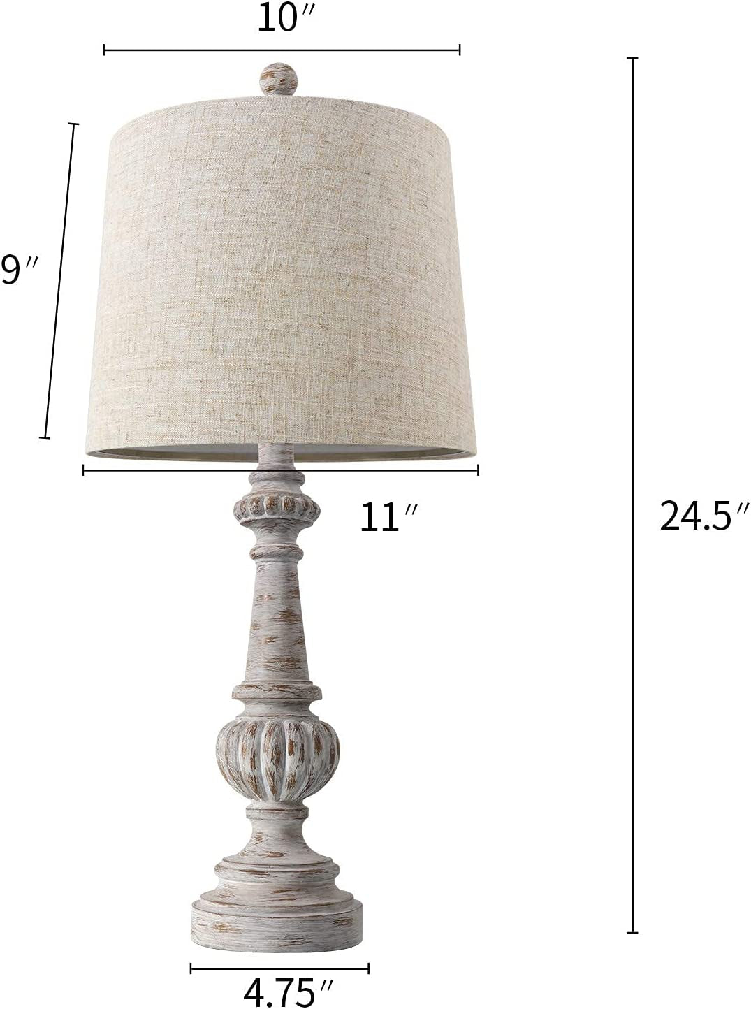 PORTRES 24.5'' Traditional Table Lamp Set of 2 for Living Room Linen Fabric Lampshade Bedside Nightstand Lamps for Bedroom Kids Room Study Room Office Rustic Table Lamps Resin