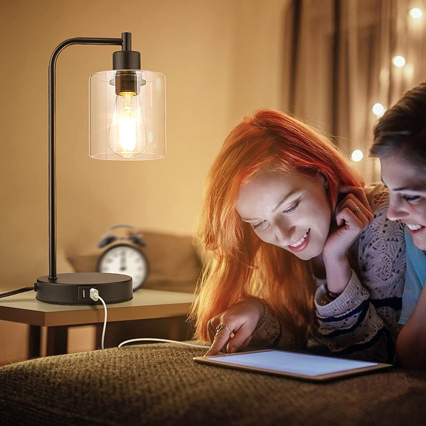 2-Pack Industrial Touch Control Table Lamp, 3 Way Dimmable 2 USB Charging Ports Bedside Nightstand Reading Lamp with Clear Glass Shade, 6W 2700K LED Bulb for Bedroom, Living Room