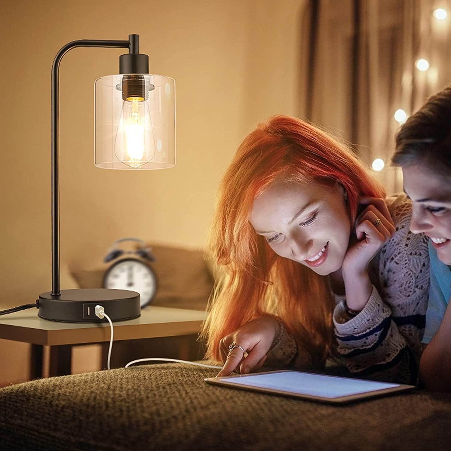 2-Pack Industrial Touch Control Table Lamp, 3 Way Dimmable 2 USB Charging Ports Bedside Nightstand Reading Lamp with Clear Glass Shade, 6W 2700K LED Bulb for Bedroom, Living Room
