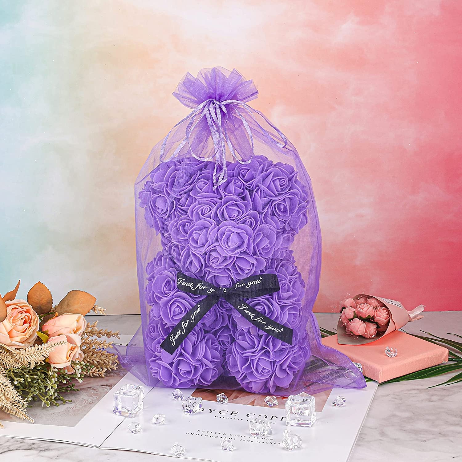 Artificial Flowers Bear for Anyone Love,Flower Gift for Her,Artificial Flowers Forever Bear,Romantic Gift for Her,Valentines,Mother,Anniversary, Birthday ,Wedding,Unique Clear Gift Box