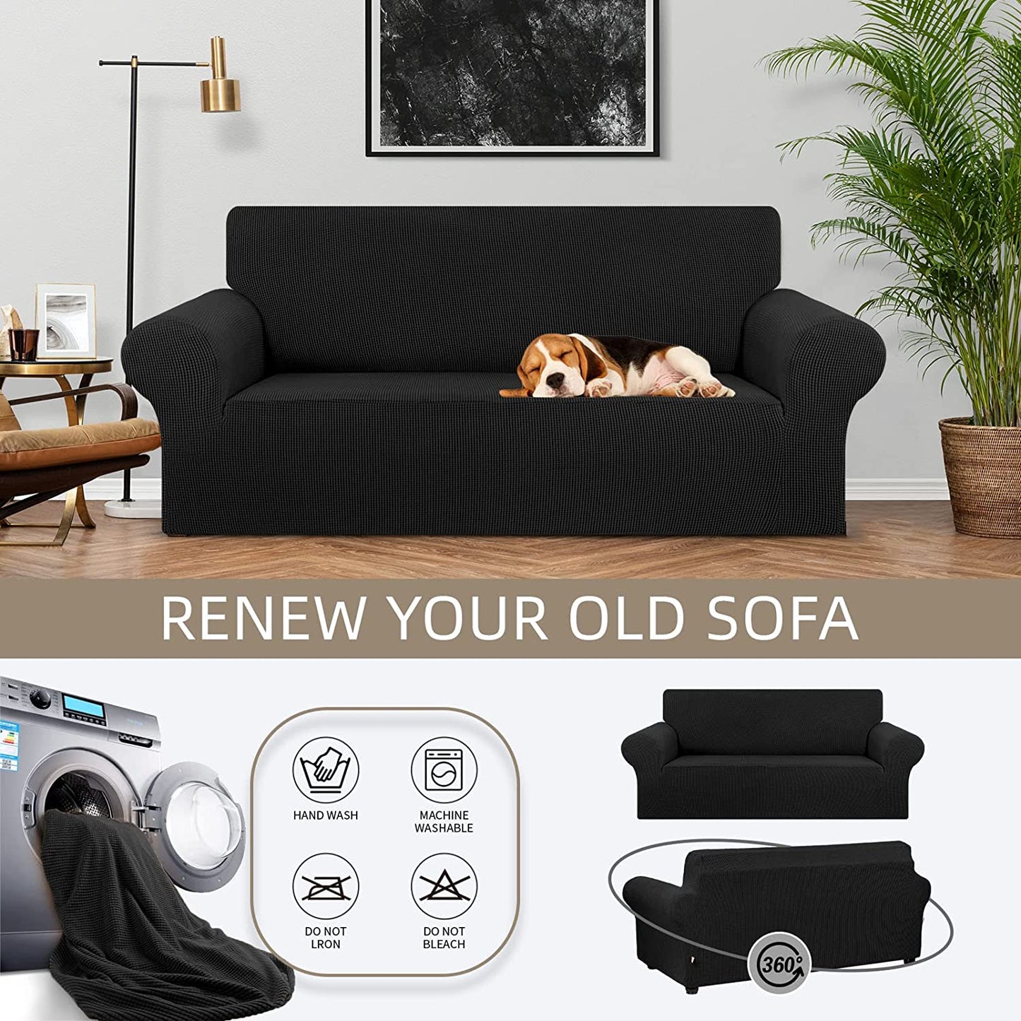 Stretch Loveseat Sofa Cover Slipcover ,Couch Covers for 2 Cushion Couch Sofa (55"-79") Furniture Protector Sofa with Elastic Bottom for Kids,Dog. Jacquard Small Checked (Medium,Black)