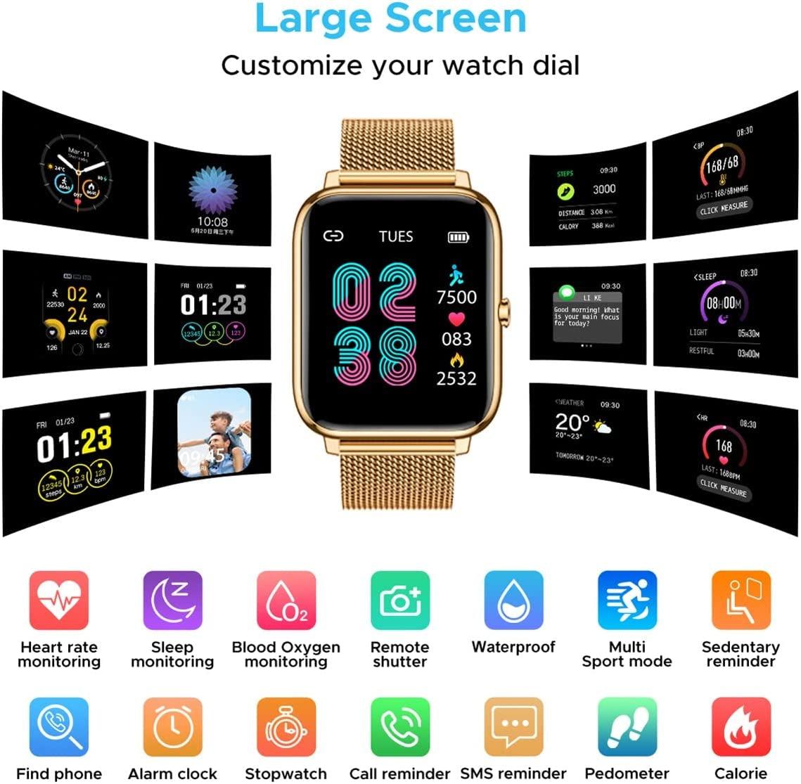 Smart Watch for Women Men Fitness: Waterproof Smartwatch for Android Ios Phone Sport Running Digital Watches Activity Tracker with Heart Rate Sleep Blood Oxygen Monitor Step Counter Touch Screen