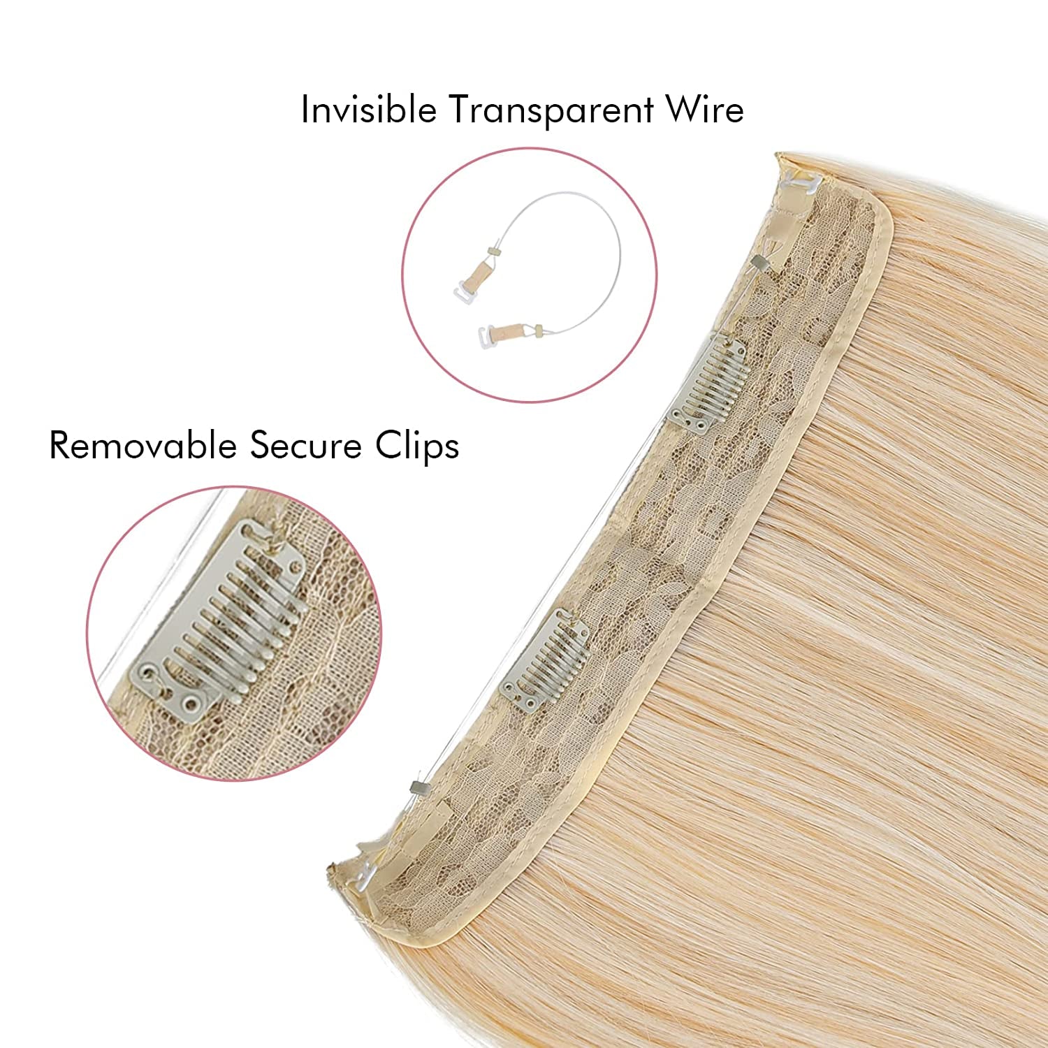 Invisible Wire Hair Extensions with Transparent Headband Adjustable Size Removable Secure Clips in Straight Secret Hairpiece for Women (24 Inch, Light Blonde)