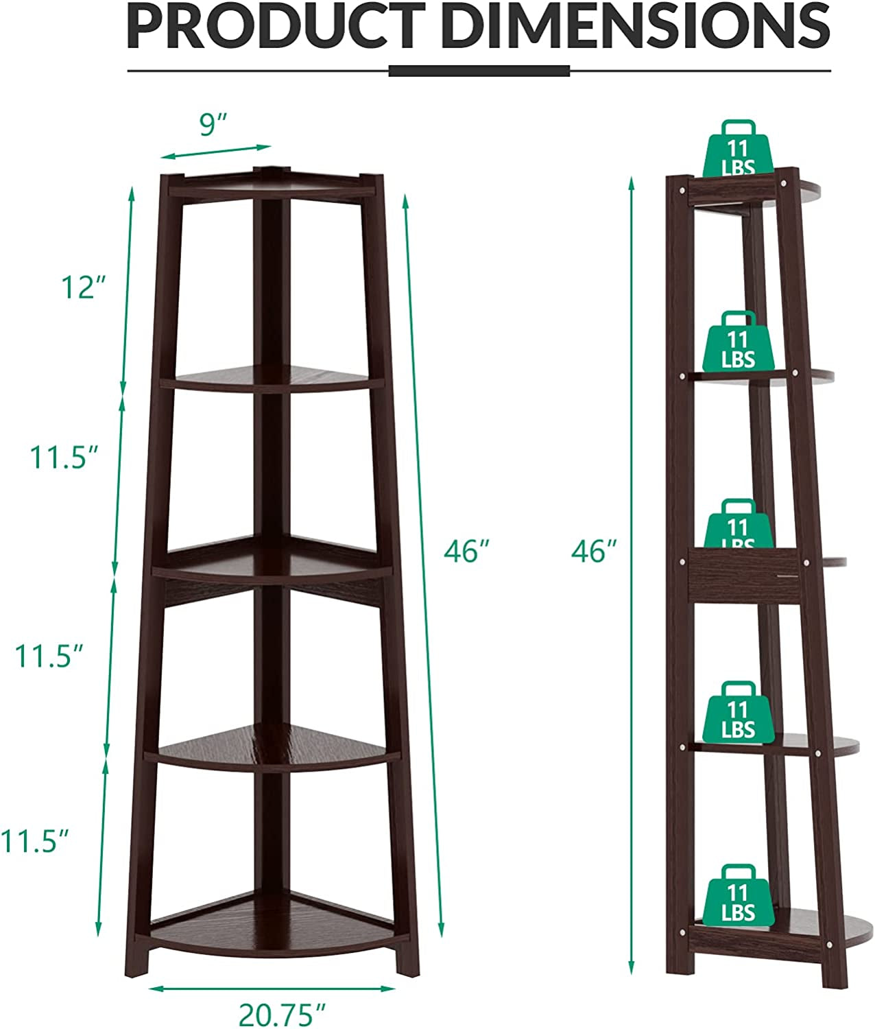 5 Tier Corner Shelf – Modern Wall Corner Storage Rack Plant Stand Small Bookshelf - Freestanding Ladder Shelf Display Organizer for Living Room, Kitchen, Home Office, Small Space (Coffee)