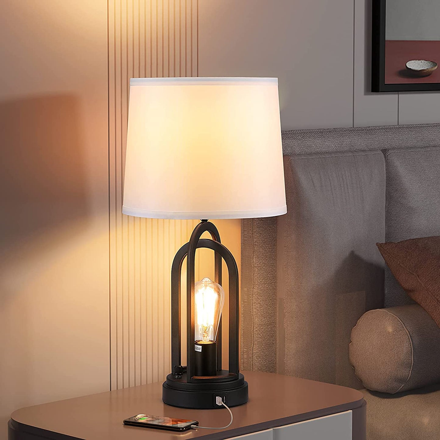 Farmhouse Table Lamps for Living Room Set of 2, Bedside Lamps with Dual USB Ports, 3-Way Brightness Retro Charging Lamp for Bedroom,  Industrial Nightstand Lamp with Nightlight (Bulbs Included)