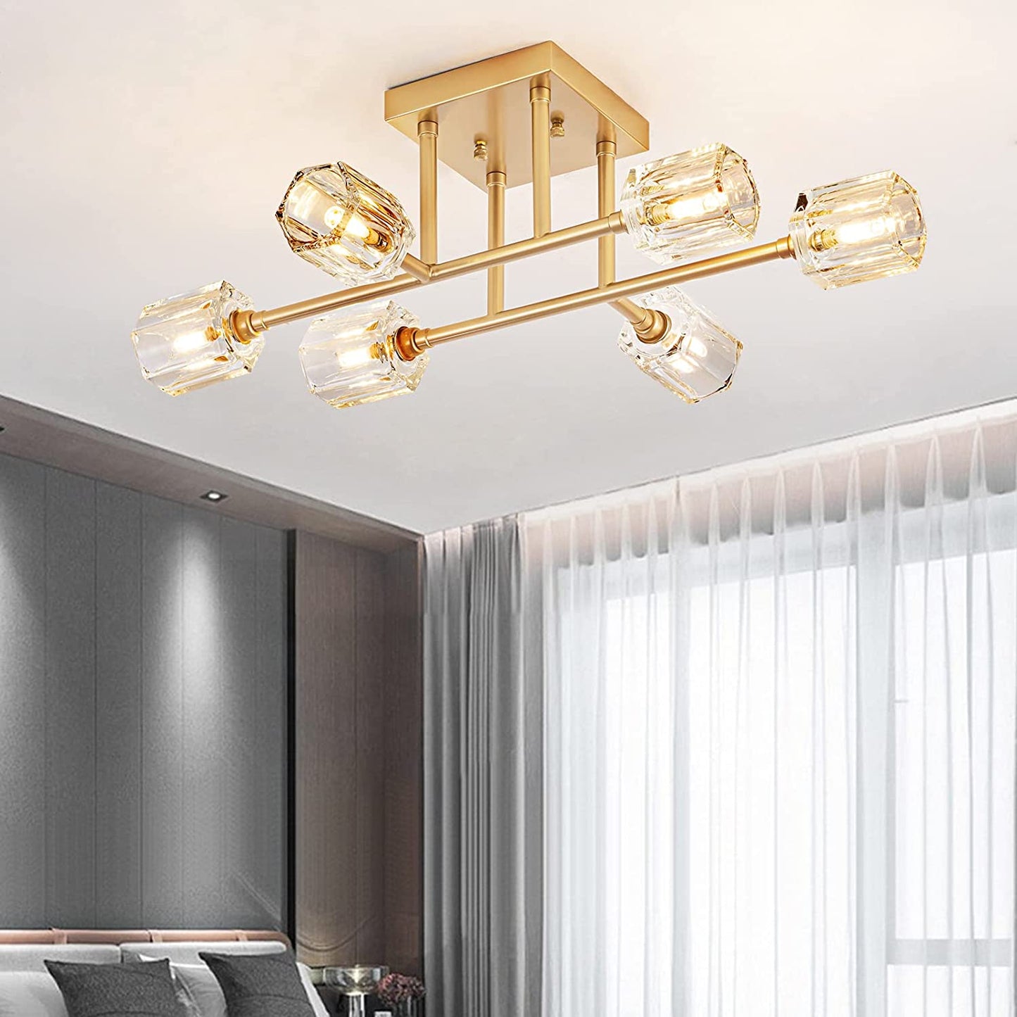 6-Light Industrial Semi Flush Mount Ceiling Light Fixture Brushed Gold, 24 Inch Modern Sputnik Chandelier Farmhouse Lighting for Kitchen Island Dining Living Room Bedroom Foyer Entry