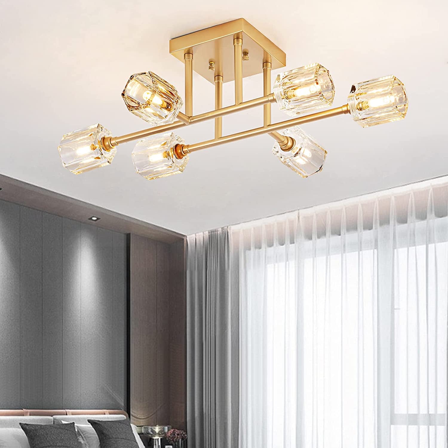 6-Light Industrial Semi Flush Mount Ceiling Light Fixture Brushed Gold, 24 Inch Modern Sputnik Chandelier Farmhouse Lighting for Kitchen Island Dining Living Room Bedroom Foyer Entry