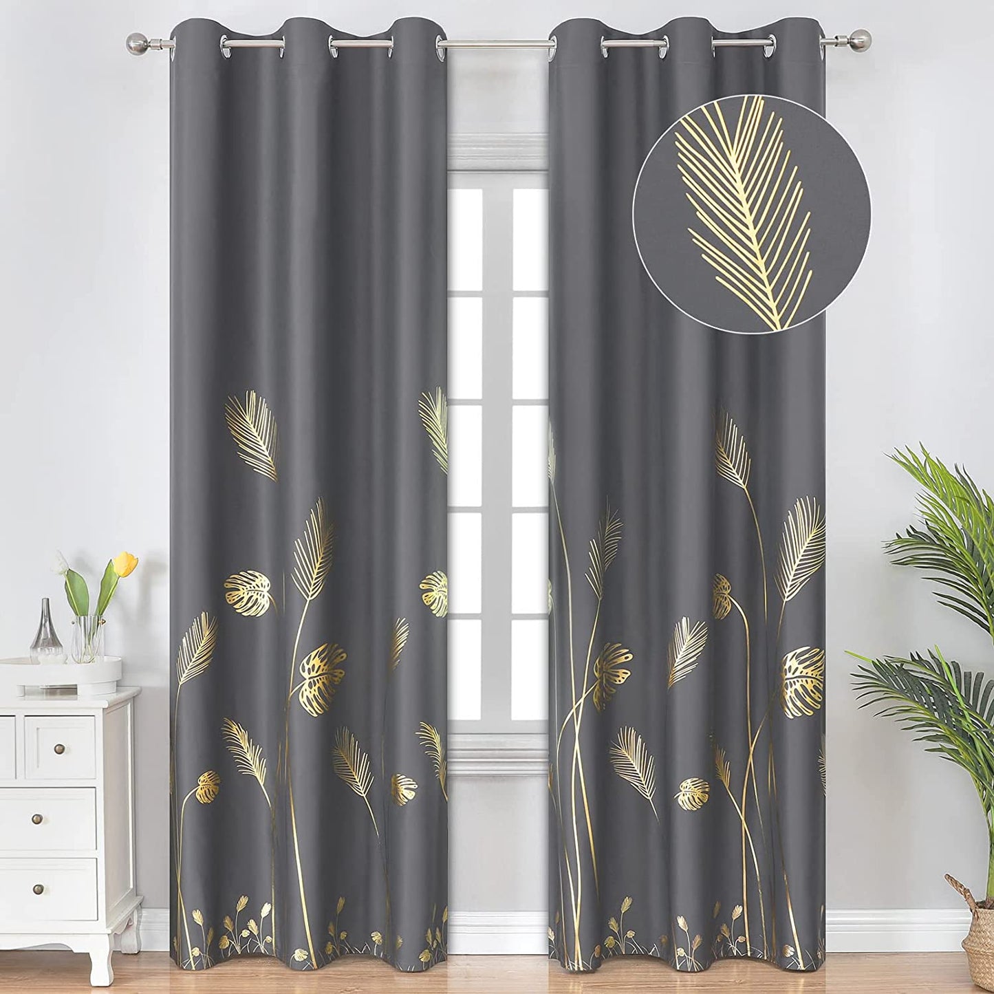 Blackout Curtains for Bedroom Living Room Palm Tree and Wheat Pattern Thermal Insulated Window Curtain Panels for Dining Room, 42Wx84L, Dark Grey, 1Pair