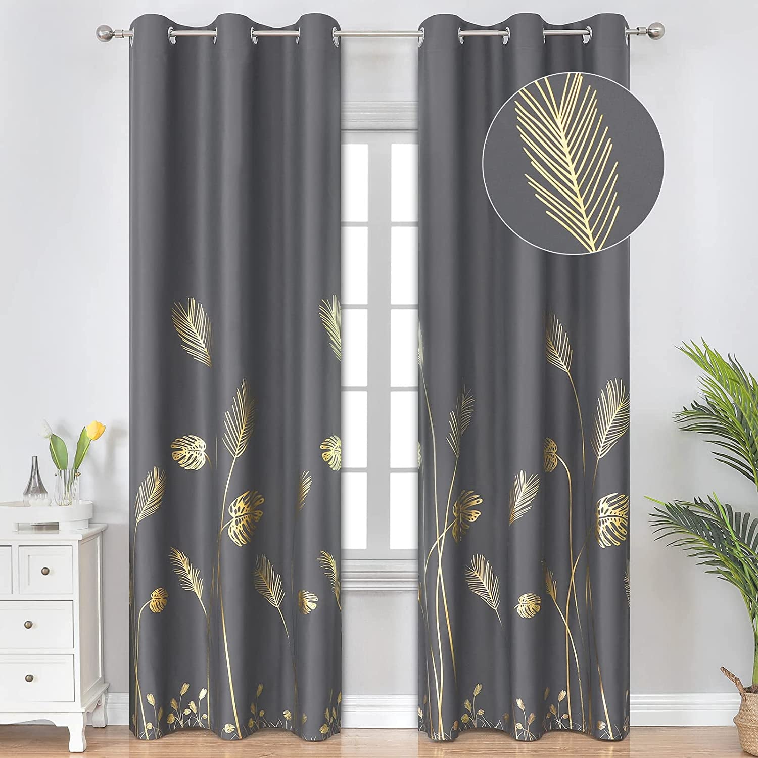 Blackout Curtains for Bedroom Living Room Palm Tree and Wheat Pattern Thermal Insulated Window Curtain Panels for Dining Room, 42Wx84L, Dark Grey, 1Pair