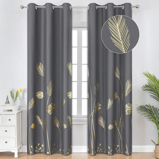 Blackout Curtains for Bedroom Living Room Palm Tree and Wheat Pattern Thermal Insulated Window Curtain Panels for Dining Room, 42Wx84L, Dark Grey, 1Pair