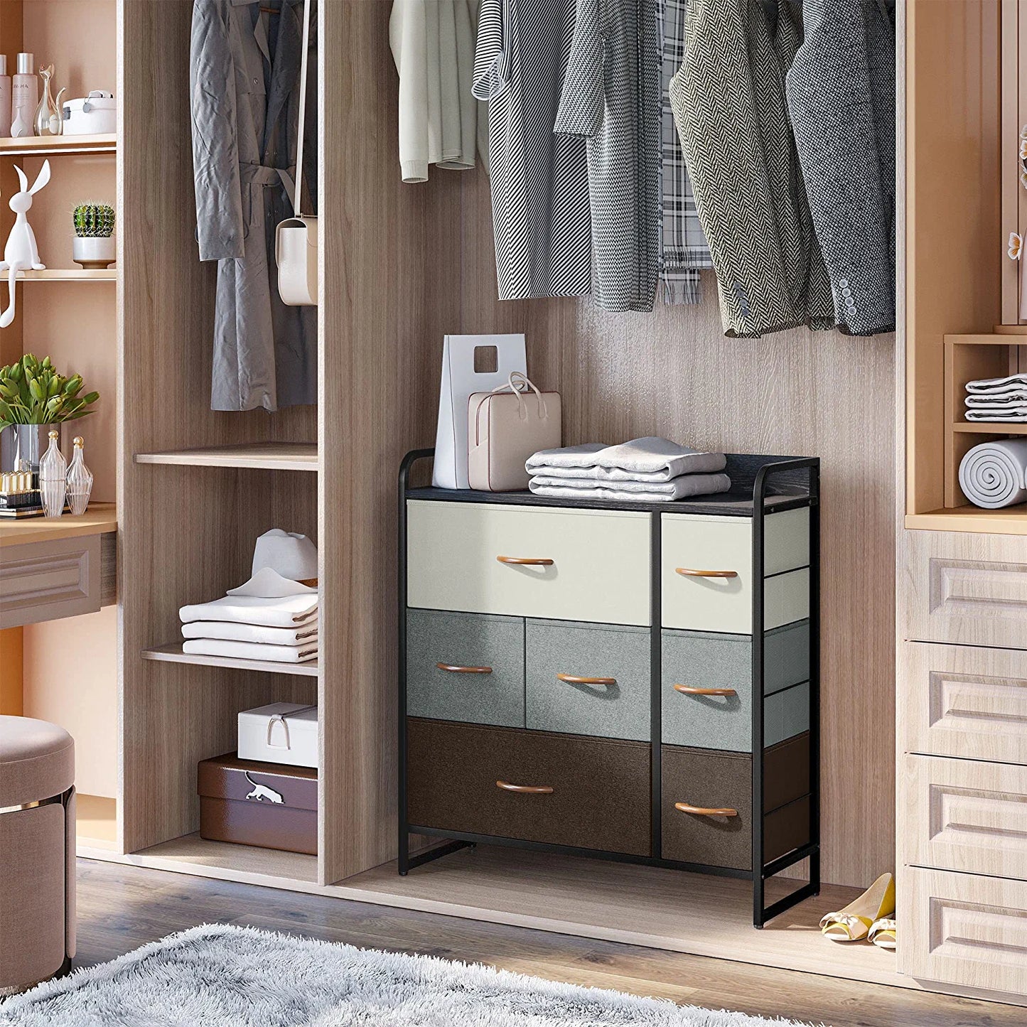 Dresser with 7 Drawers, Tall Dresser with Wood Top, 3-Tier Dresser Changeable Fabric Dresser Organizer Unit for Bedroom/Living Room/Closets，Multicolor