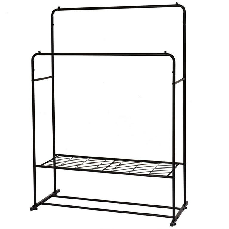 Garment Rack Freestanding Hanger Double Pole Multi-functional Bedroom Clothing Rack,Metal Clothing Garment Rack with Shelves,Black