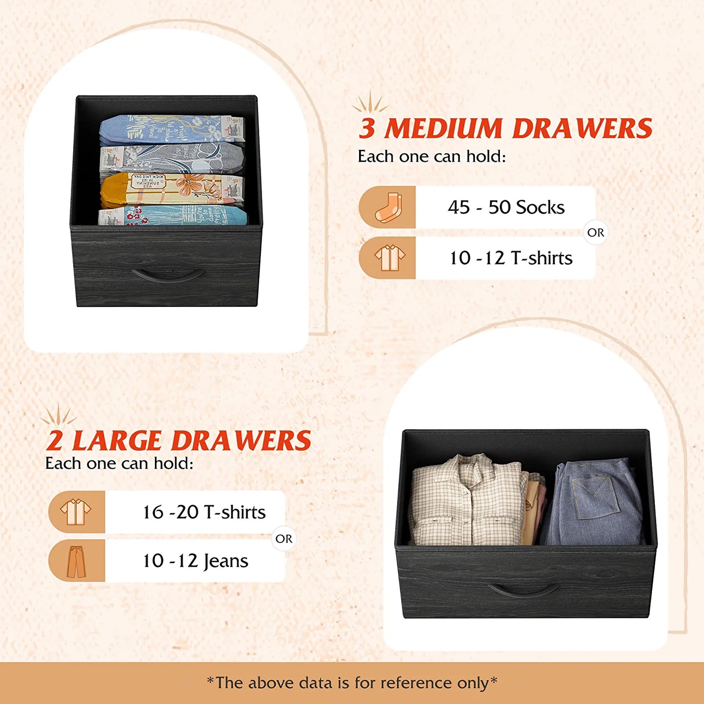 Dresser for Bedroom with 5 Drawers, Wide Chest of Drawers, Fabric Dresser, Storage Organizer Unit with Fabric Bins for Closet, Living Room, Hallway, Nursery, Charcoal Black Wood Grain Print