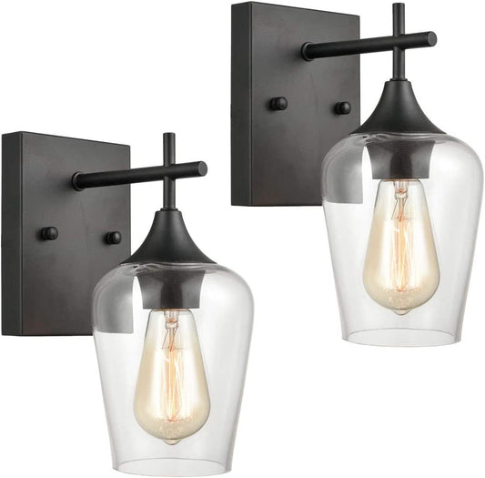 Industrial Glass Wall Sconces Lighting 2-Pack Bathroom Vanity Light Black Finish