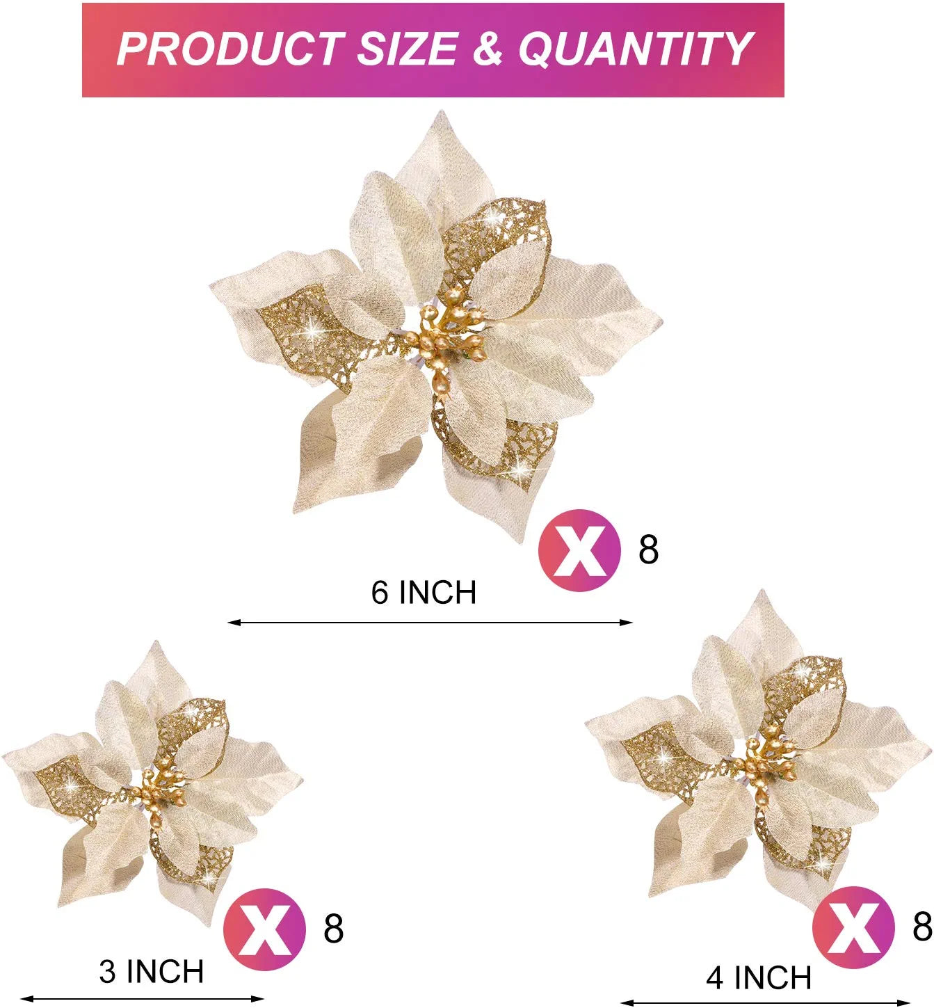 36 Pieces Christmas Glitter Poinsettia Faux Flowers Christmas Flowers Decorations Wedding Xmas Tree New Year Ornaments (Gold)