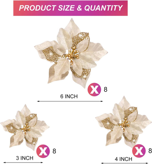 36 Pieces Christmas Glitter Poinsettia Faux Flowers Christmas Flowers Decorations Wedding Xmas Tree New Year Ornaments (Gold)