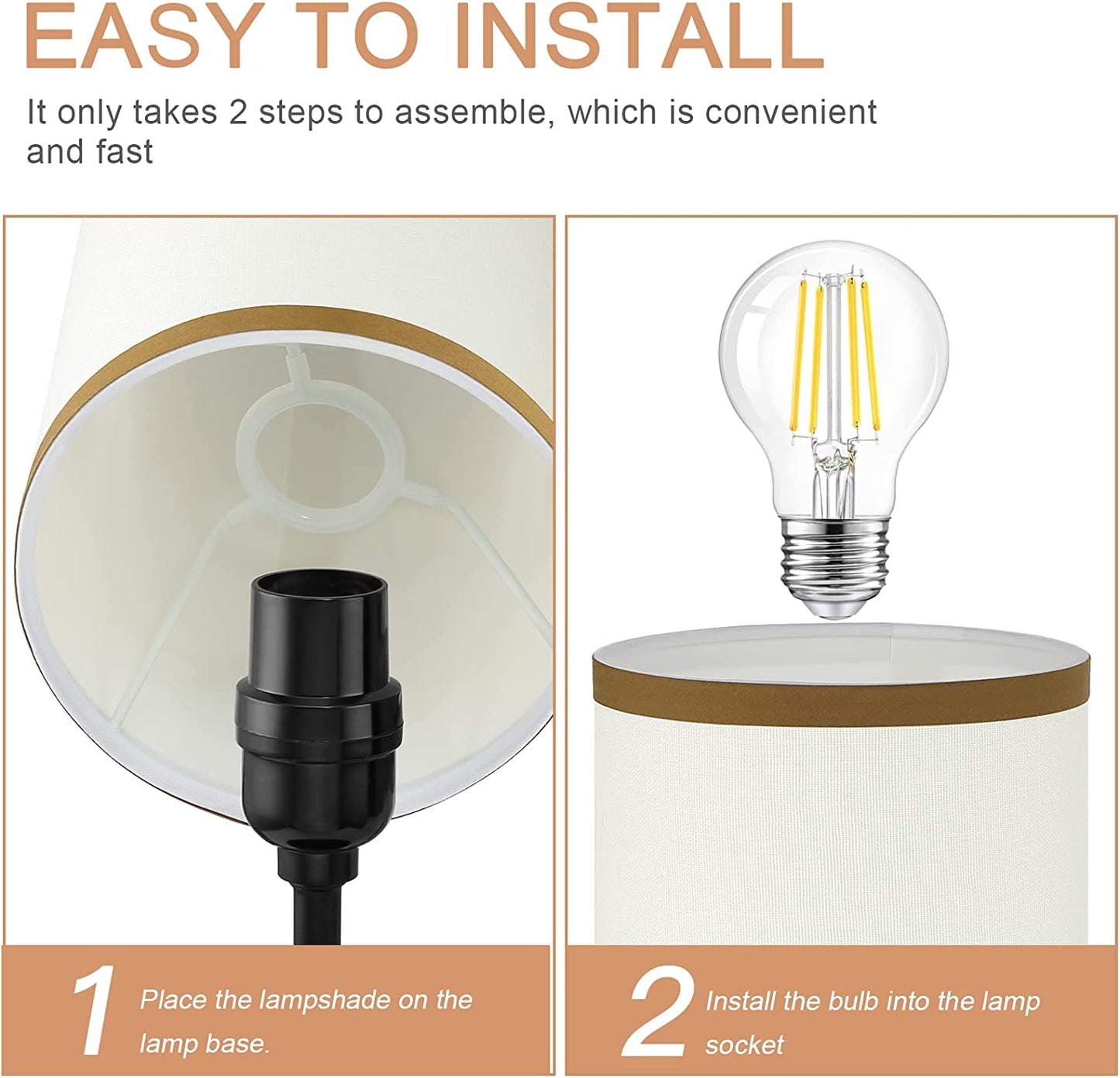 Bedside Lamp with 2 USB Ports,  3-Way Dimmable Touch Control Table Lamp for Bedroom, Nightstand Lamp with round White Fabric Shade for Living Room Home Office (E26 LED Bulb Included)