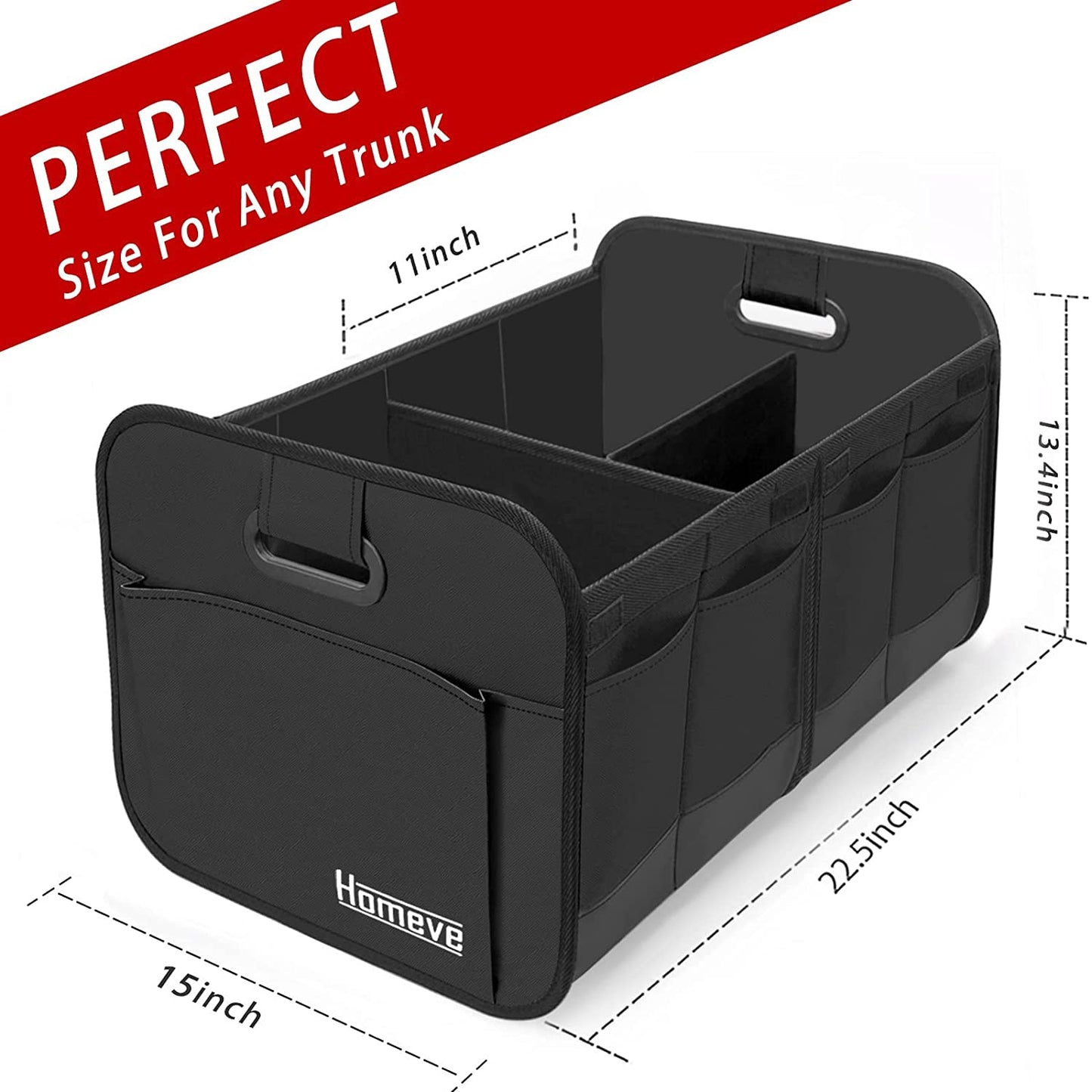 Trunk Organizer for Car, Car Storage, Reinforced Handles, Collapsible Multi-Compartment Car Organizers Foldable and Waterproof, 600D Oxford Polyester, Suitable for Any Car, SUV, Mini-Van, Black